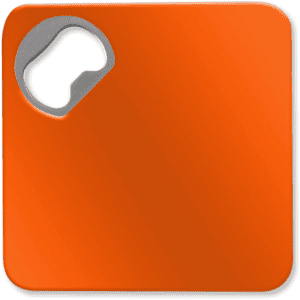 An orange square coaster with a built-in bottle opener in one corner. It features a logo.
