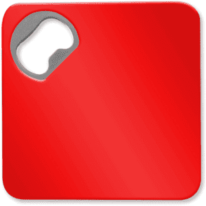 A red square coaster with a built-in bottle opener, featuring a metallic opening cutout on one corner.