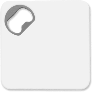 A drink bottle opener in a square shape, featuring a white surface and a metallic bottle opener corner.