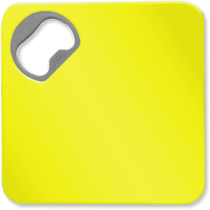 A drink bottle opener in bright yellow with a square shape and a metal opening mechanism. Features a logo.