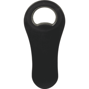 A black paddle-shaped bottle opener with a circular opening, featuring a smooth ergonomic design.
