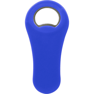 A drink bottle opener in a vibrant blue colour, featuring a rounded handle and a bottle cap opening section.