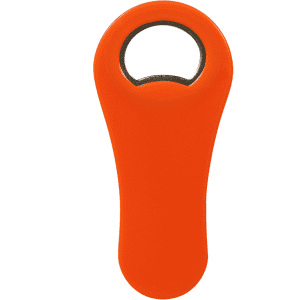 A drink bottle opener in a vibrant orange colour, featuring a circular opening and a smooth paddle shape.