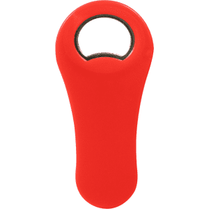 A red paddle-shaped bottle opener with a circular opening and a smooth finish, featuring a logo.