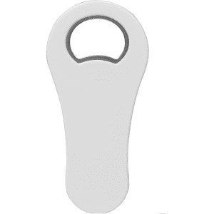 A drink bottle opener with a paddle shape, featuring a white finish and a metal insert for bottle caps.