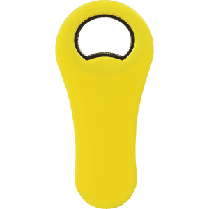 A paddle-shaped bottle opener in bright yellow with a circular opening and a smooth handle, featuring a logo.