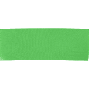 A large green cooling towel, featuring a smooth texture and an attached logo.