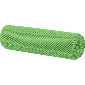 A rolled-up green cooling towel with a mesh pattern, featuring a logo on its surface.