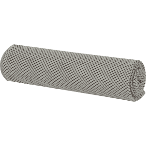 A rolled cooling towel in grey with a textured pattern, featuring a logo.