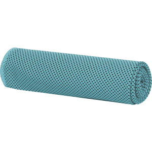 A rolled medium cooling towel in a light blue colour with a textured, breathable design. It features a logo.