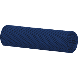 A rolled navy blue cooling towel with a textured surface and a logo. Suitable for leisure and outdoor activities.
