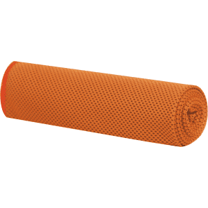 An orange cooling towel rolled up, featuring a textured surface and a branded logo.