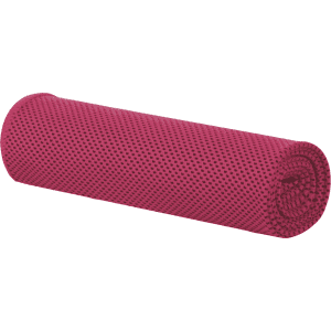 A rolled pink cooling towel with a textured surface, featuring a logo. Ideal for leisure and outdoor activities.