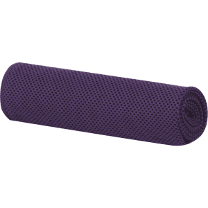 A purple cooling towel rolled up, featuring a textured surface. It includes a logo on the material.