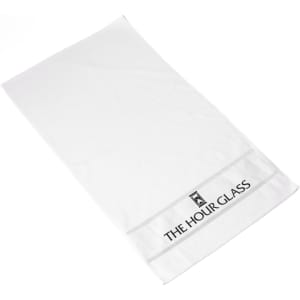 A white gym towel featuring a logo and a simple design, ideal for leisure and outdoor activities.