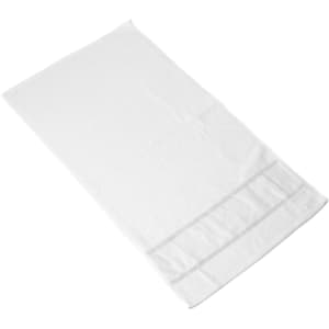 A white cotton gym towel with a simple grey stripe design, featuring a logo.