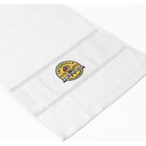 A large white cotton gym towel with a circular logo featured prominently on the side.