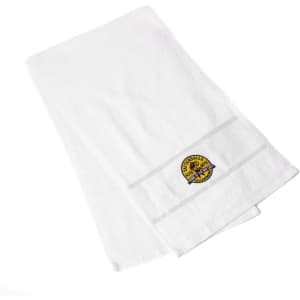 A large white gym towel featuring a logo, showcasing a soft and absorbent cotton material.