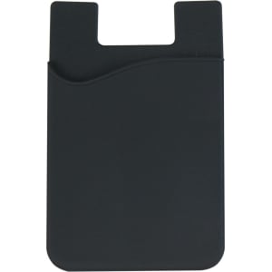 A black silicone phone wallet with a wavy design and a slot for cards. It features a simple logo.