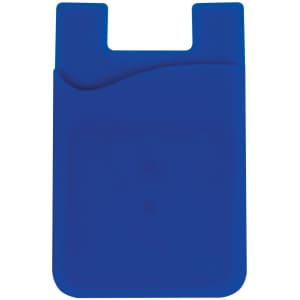 A blue wavy silicone phone wallet with a sleek design and a logo. Suitable for carrying cards and cash.