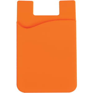 An orange wavy silicone phone wallet with a slot for cards and a cut-out design at the top. It has a logo.