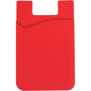 A red wavy silicone phone wallet featuring a curved design and a slot for cards. Includes a brand logo.
