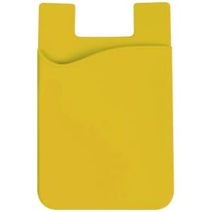 A yellow wavy silicone phone wallet with a slot for cards and a rounded shape. It features a simple design and has a logo.