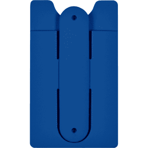 A blue phone wallet designed to attach to devices, featuring a simple, sleek design and a logo.