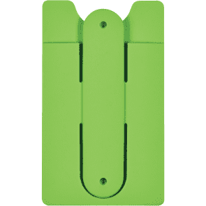 A green phone wallet with a slot and a secure strap on the back, featuring a logo.