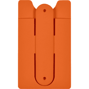 An orange phone wallet with a secure grip and a branding logo. Designed for holding cards and small items.