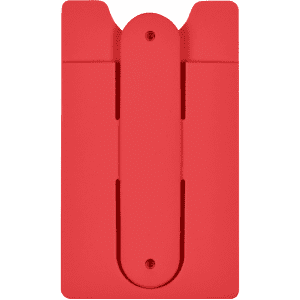 A red phone wallet with a simple, sleek design and a central slot for card storage. It has a logo on the surface.