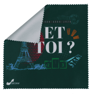 A small green microfibre cleaning cloth featuring a design with the Eiffel Tower and a logo.