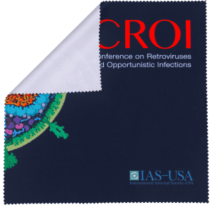 A small microfibre cleaning cloth featuring vibrant colours and a decorative pattern, with a logo in the corner.