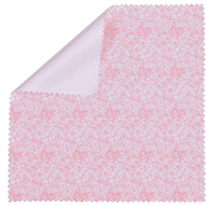 A pink microfibre cleaning cloth with a floral pattern, featuring a scalloped edge. It has a logo on one side.
