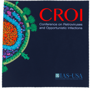 A dark blue microfibre cleaning cloth featuring a colourful virus illustration and a logo.