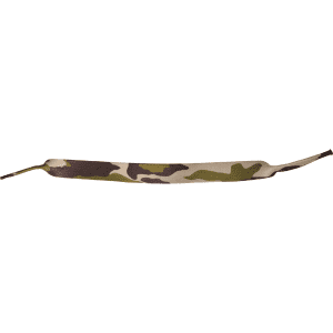 A camouflage-patterned sunglasses strap with a logo, designed for leisure and outdoor use.