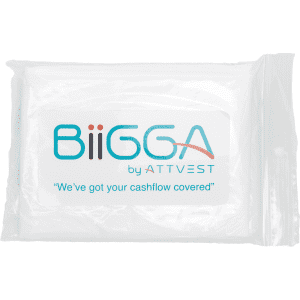 A clear plastic pouch containing a white item, featuring a logo and text in blue and turquoise.