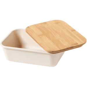 A natural lunch box with a cream body and a bamboo lid, featuring an eco-friendly design.