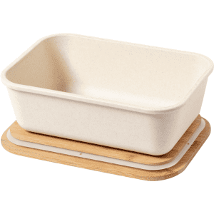 A cream-coloured lunch box with a wooden base, featuring a simple, natural design and rounded edges.