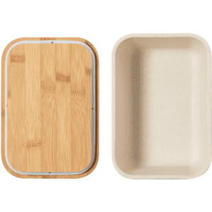 A natural bamboo lunch box with a beige container and a wooden lid. The design is simple and eco-friendly.