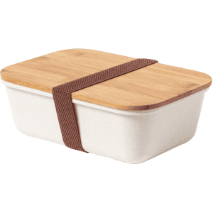 A natural lunch box in cream with a bamboo lid, secured by a brown elastic strap, featuring a logo.
