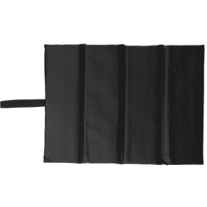 A foldable chair cushion in black, featuring a textured surface and a handle for easy carrying.