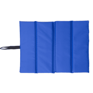 A foldable chair cushion in vibrant blue with a black handle, featuring a stitched design for comfort.