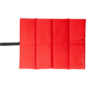 A red foldable chair cushion with four sections and a black strap, featuring a logo.