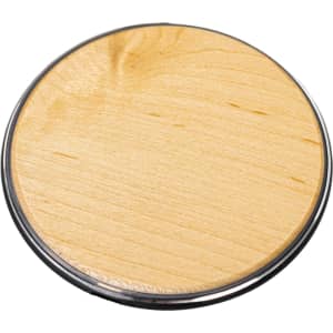 A circular bamboo wireless charger with a natural wood finish and a black base.