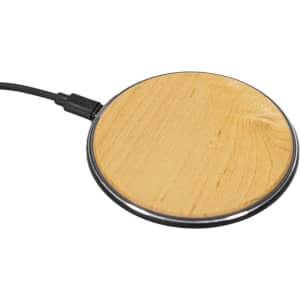 A bamboo wireless charger with a natural wood finish and a black border, featuring a connecting cable.
