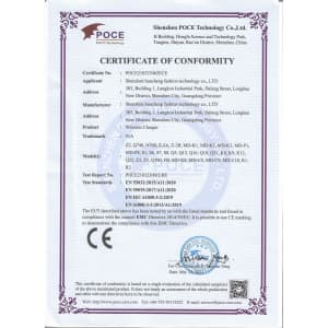 A certificate of conformity featuring a blue and white design, outlining product compliance details. It has official branding.