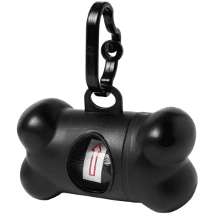 A black dog waste bag dispenser in a bone shape, featuring a clip for easy attachment.