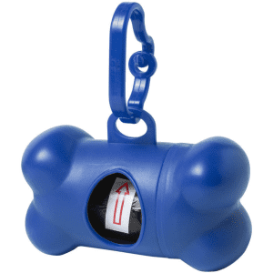 A blue, bone-shaped dog waste bag dispenser with a clip for attachment, containing a roll of waste bags inside.
