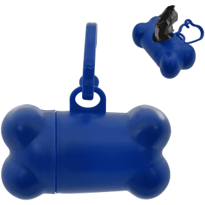 A blue dog-shaped waste bag dispenser with a clip. It features a compartment for waste bags.